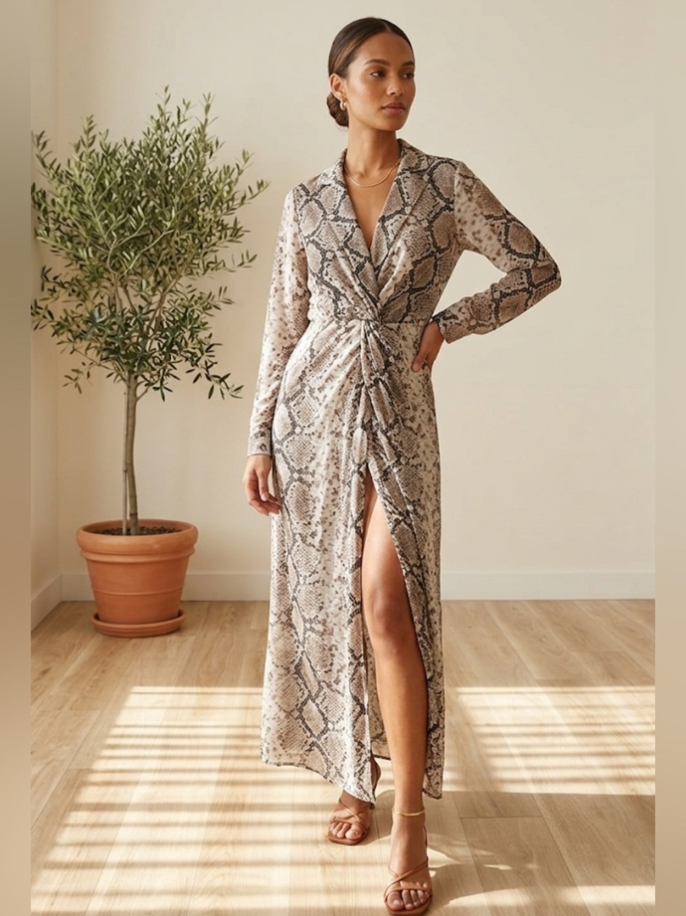 Snake-Print Twist Front Maxi Dress in Neutral Taupe